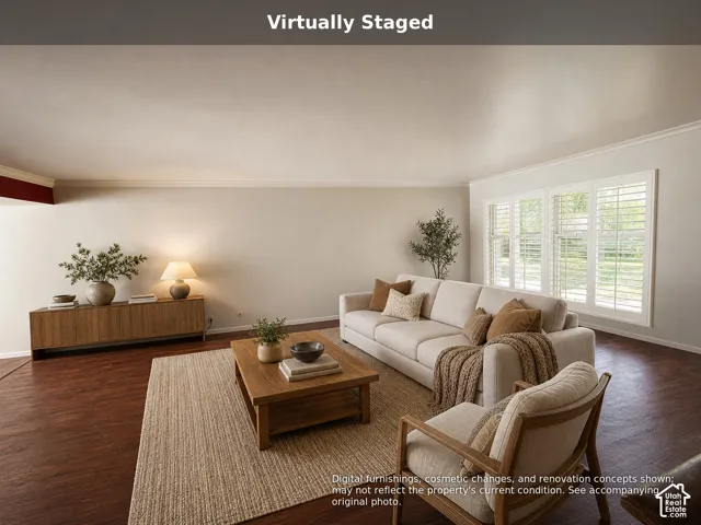 Living space featuring wood-finish flooring, white plantation shutters, and crown molding