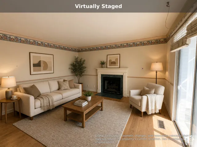Fireplace with a stone-finish surround and crown molding, wood-finish flooring, and sliding glass door