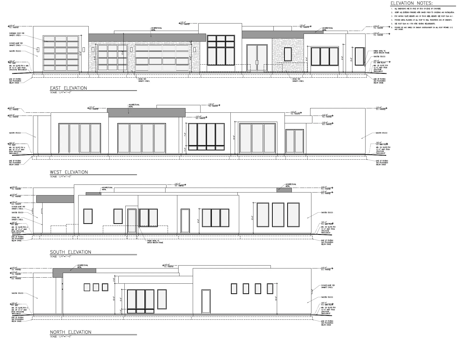 Architectural Plan. Presenting the East, West, South, and North elevations of the property