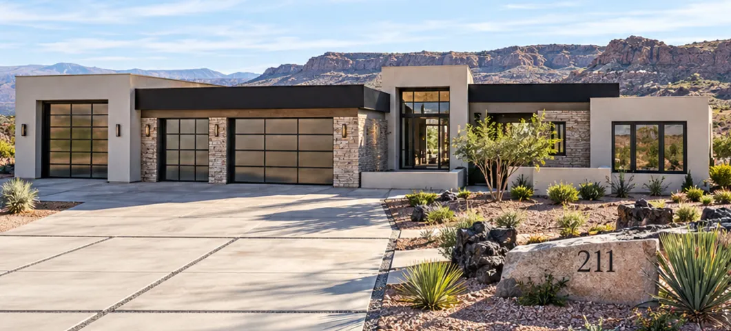 Modern facade with stone accents and a low-profile roofline