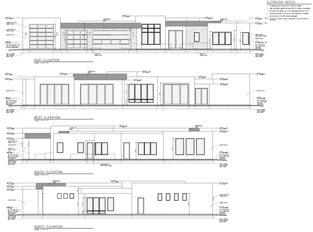 Architectural Plan. Presenting the East, West, South, and North elevations of the property