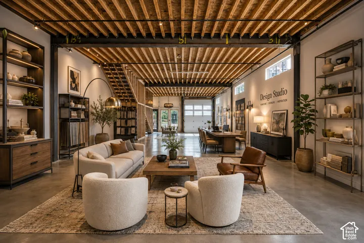 Vaulted wood-slat ceiling with exposed beams, polished concrete flooring, recessed lighting, expansive interior volume, and a built-in staircase