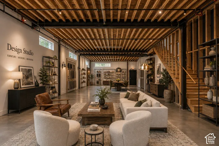 Exposed wood beam ceiling with recessed lighting