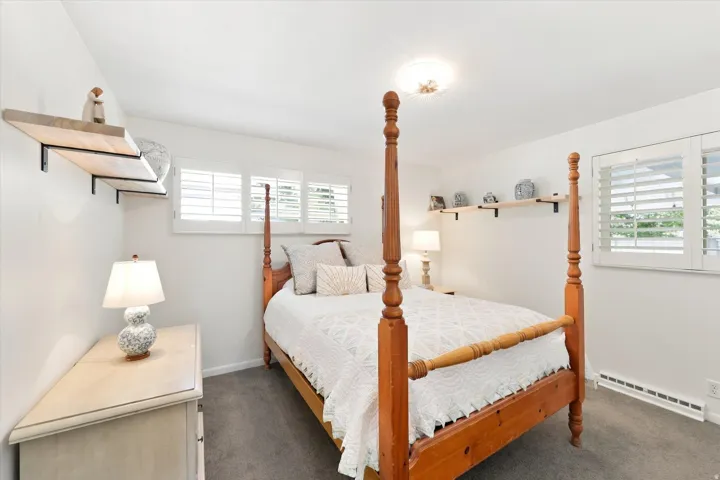 White walls, carpet flooring, built-in shelving, windows with white plantation shutters, and a ceiling-mounted light fixture