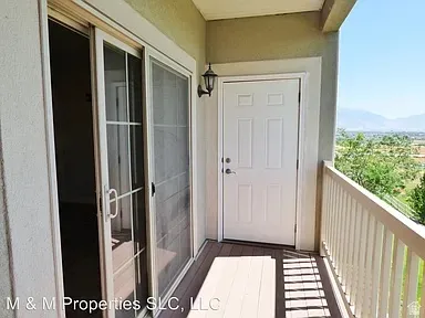 Balcony with sliding glass doors, panel door, and wood-finish decking