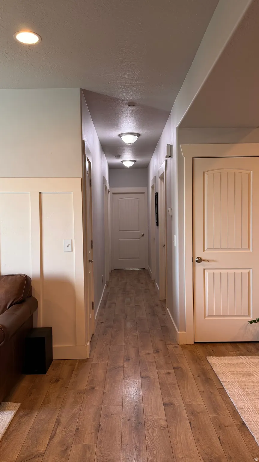 Hallway featuring wood-finish flooring, recessed lighting, and panel doors