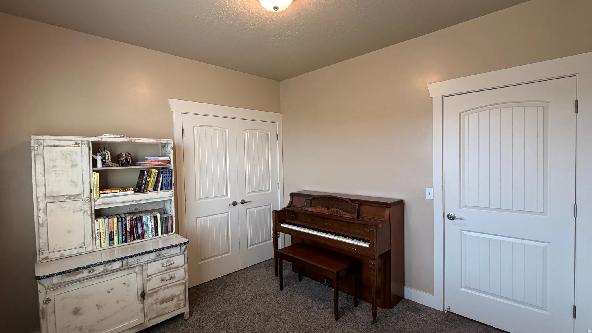 Neutral wall paint, plush carpet flooring, and white interior doors with architectural trim