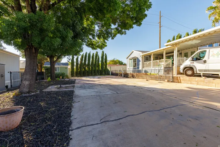 Expansive paved driveway leading to a carport, featuring a tree-lined perimeter and a light blue exterior with white trim