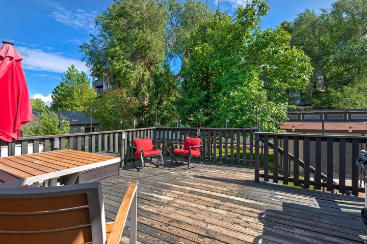 Expansive outdoor deck with wood flooring and dark wood railings