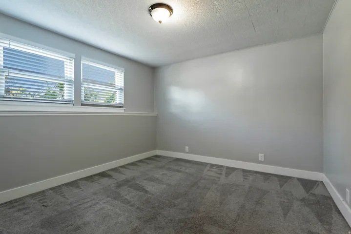 Spacious room featuring patterned carpet, two windows with blinds, a chair rail, and a ceiling-mounted light fixture