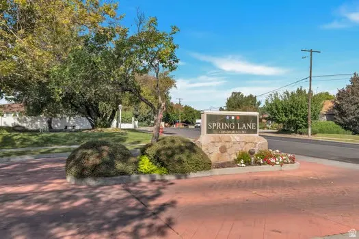 Spring Lane community entrance with stone base signage, landscaped shrubbery, and mature trees