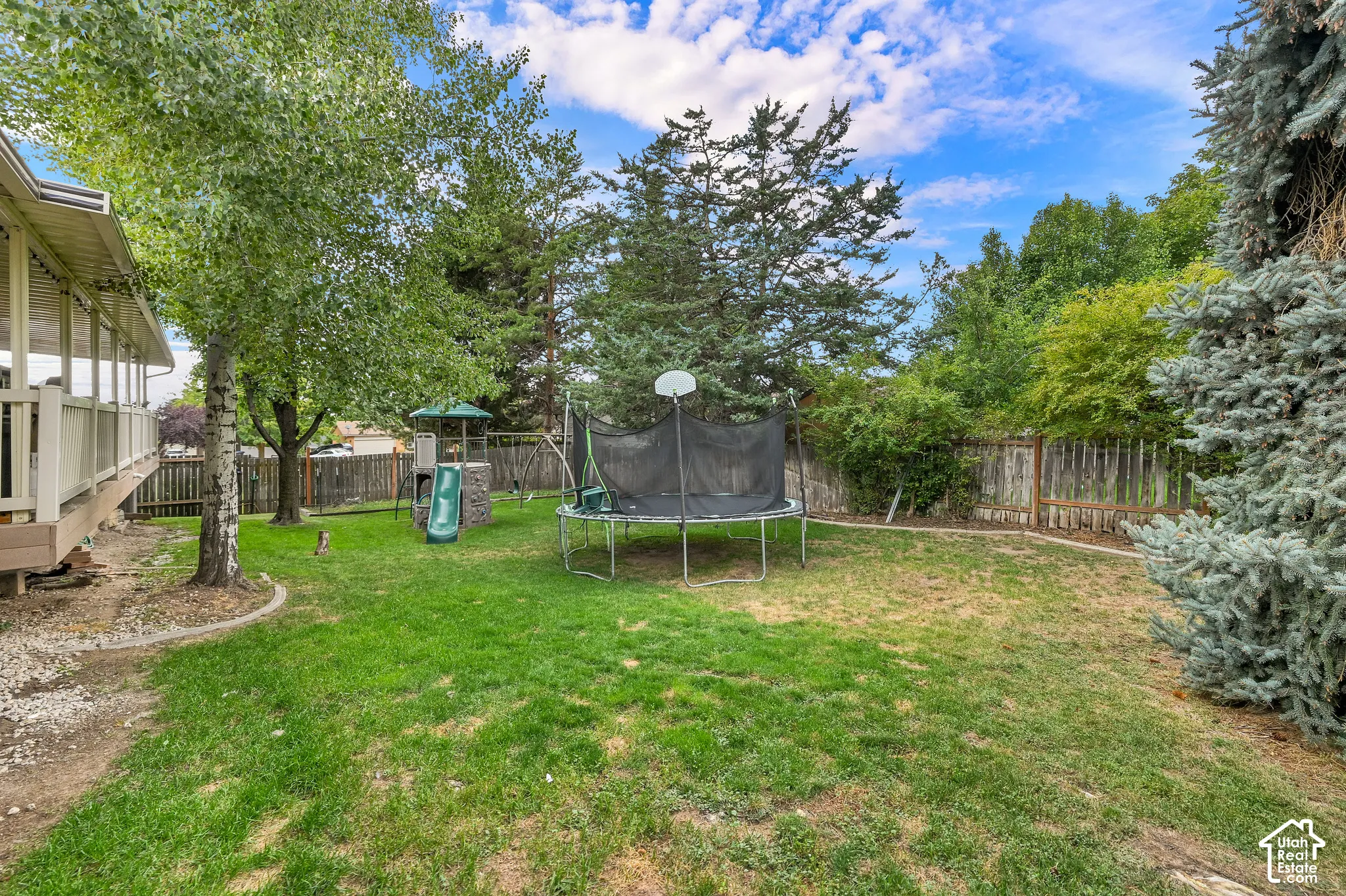 Expansive backyard featuring a manicured lawn, established trees, and a privacy fence
