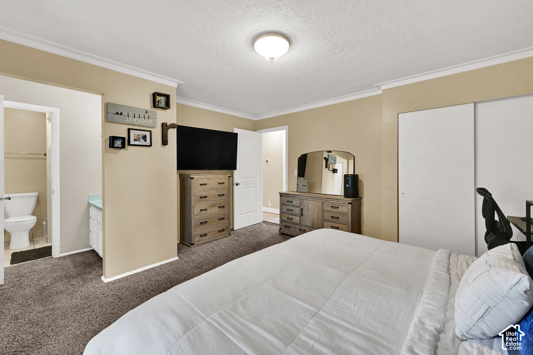 Carpeted room with crown molding, a built-in closet with sliding doors, and access to a bathroom with a white toilet and a vanity with a light-colored countertop