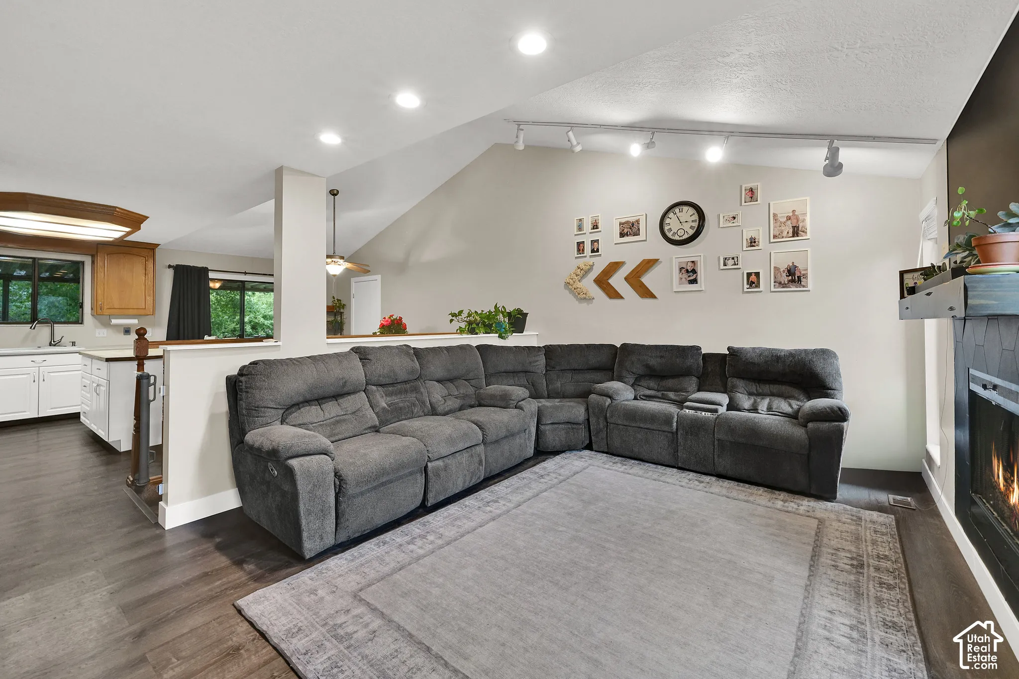 Vaulted ceiling with recessed lighting and track lighting