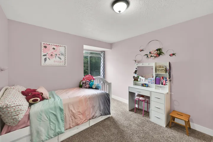 Recessed window with exterior scenery, overhead flush mount light fixture, and carpeted flooring