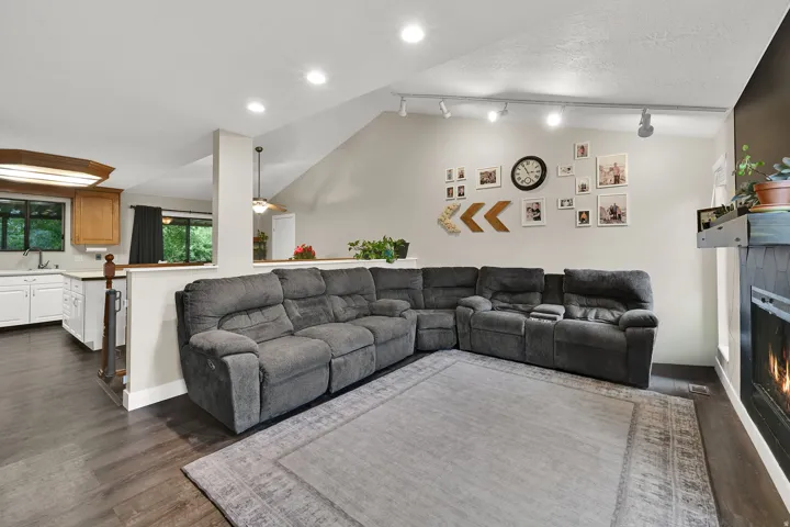 Vaulted ceiling with recessed lighting and track lighting