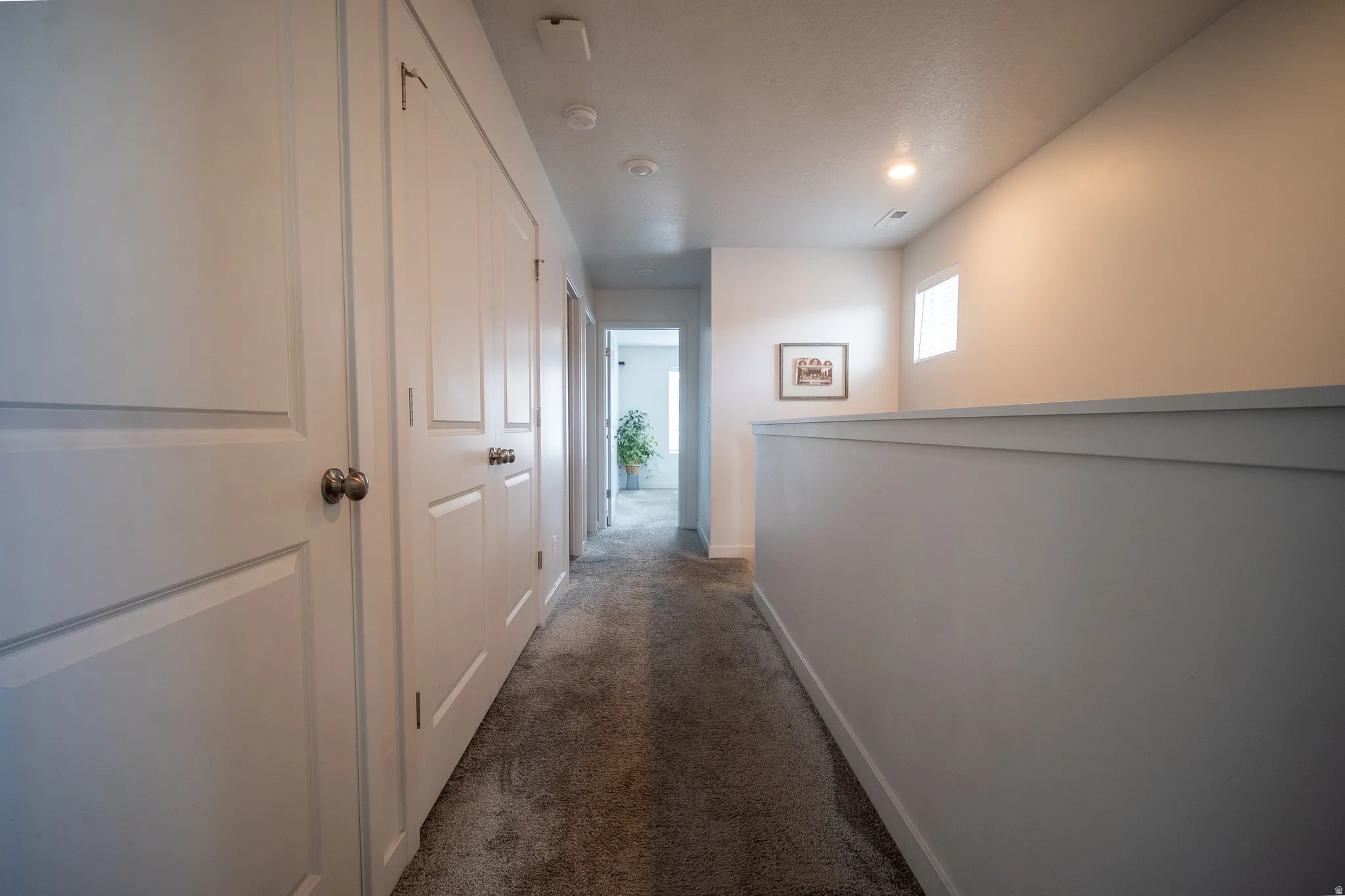 Carpeted hallway featuring white panel doors, recessed lighting, and a partial wall with trim detail