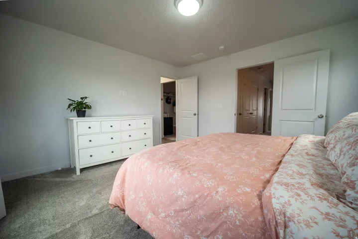 Generously sized master bedroom offering abundant natural light, Wall-to-wall carpeting with light-toned walls and ceiling.