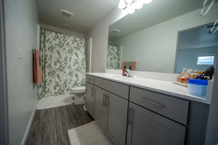 Master bathroom with a modern vanity, brushed nickel hardware, ample counter space, contemporary finishes, and a tub/shower combination for everyday convenience.