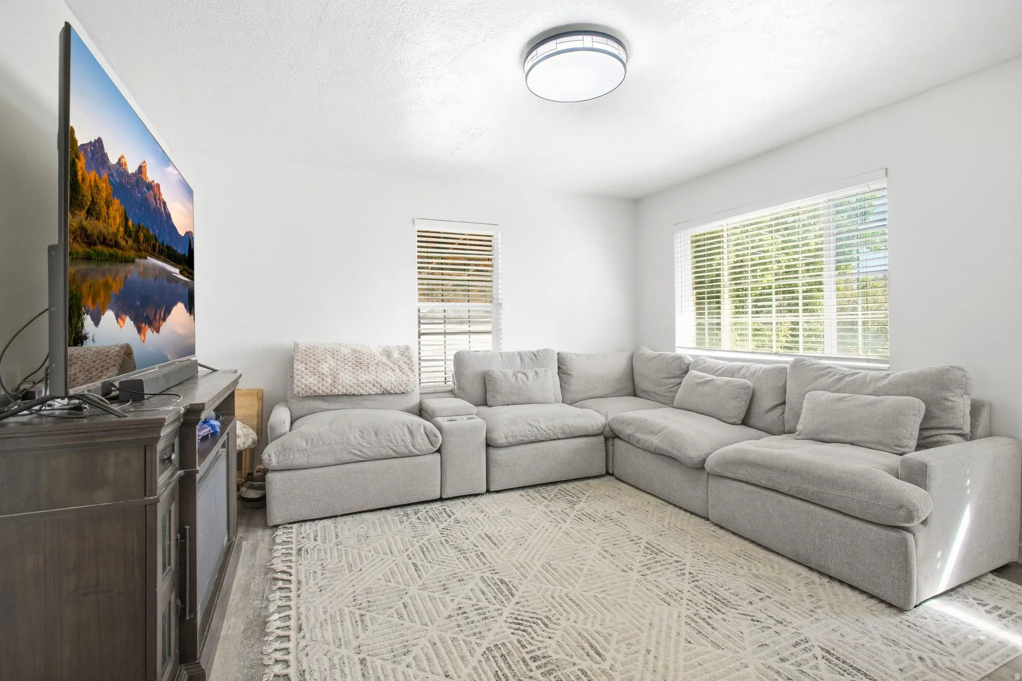 Spacious living area featuring light-toned walls, wood-finish flooring, and a flush mount ceiling light