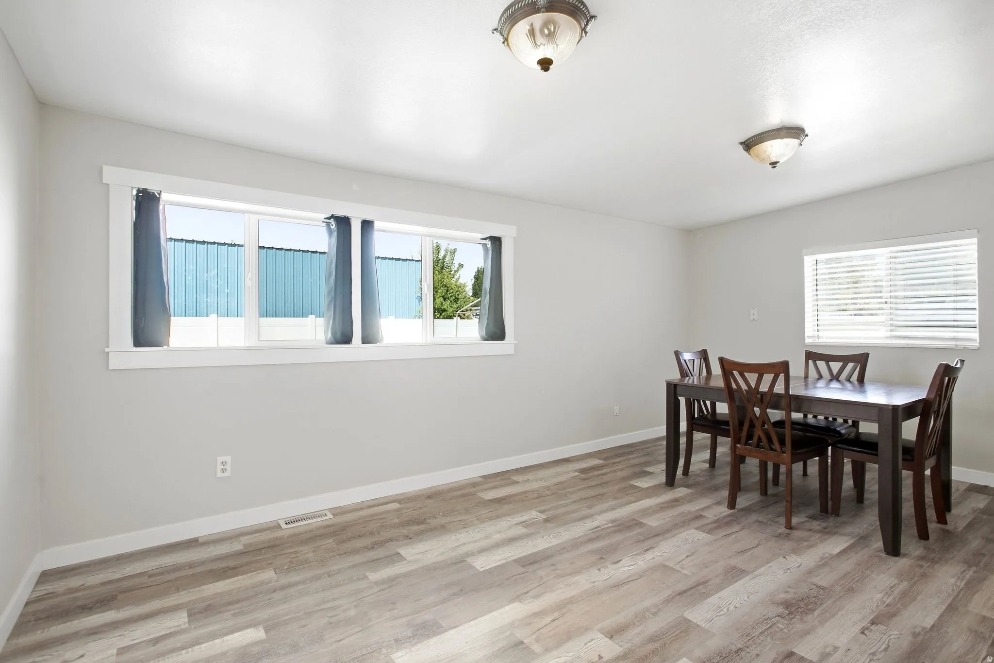 Spacious room featuring wood-finish flooring, light gray wall paint, white trim, and two semi-flush mount ceiling lights