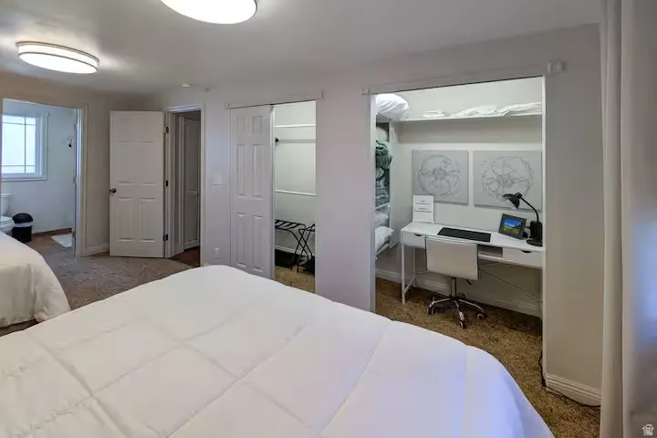 Wall-to-wall carpeting and flush-mount ceiling lighting