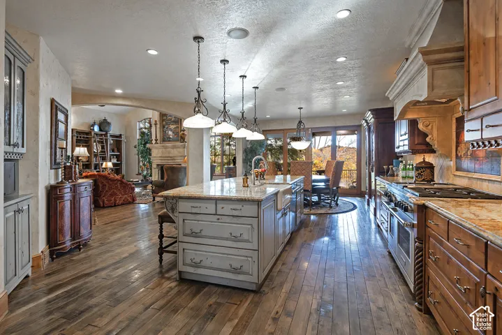 Wood-finish flooring throughout, kitchen island with integrated sink, pendant lighting, built-in range hood, and integrated stainless steel appliances