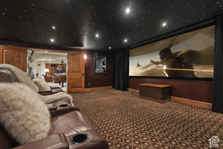 Black acoustic ceiling panels with recessed lighting, integrated projection screen, patterned wall-to-wall carpeting, and wood-finish trim