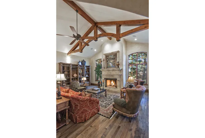 Vaulted ceiling with exposed wood beams, stone-clad fireplace, wood-finish flooring, built-in shelving, and arched window