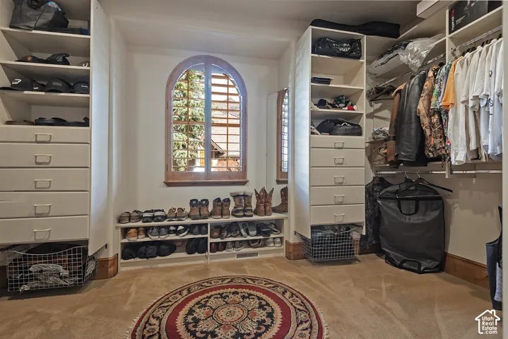 Built-in shelving and drawers, wardrobe hanging space, shoe storage, and an arched window with wood-finish trim