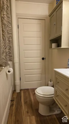 Wood-finish flooring with a toilet, vanity, and built-in cabinetry