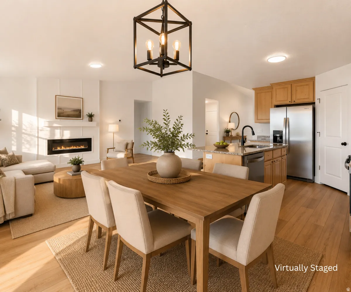 Wood-finish flooring throughout, kitchen island with granite countertop, stainless steel appliances, built-in electric fireplace, and a decorative lantern light fixture