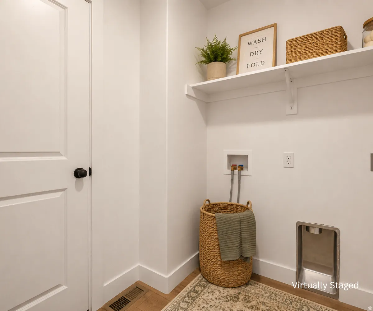 Laundry area with wood-finish flooring, a white wall-mounted shelf, and a utility sink hookup