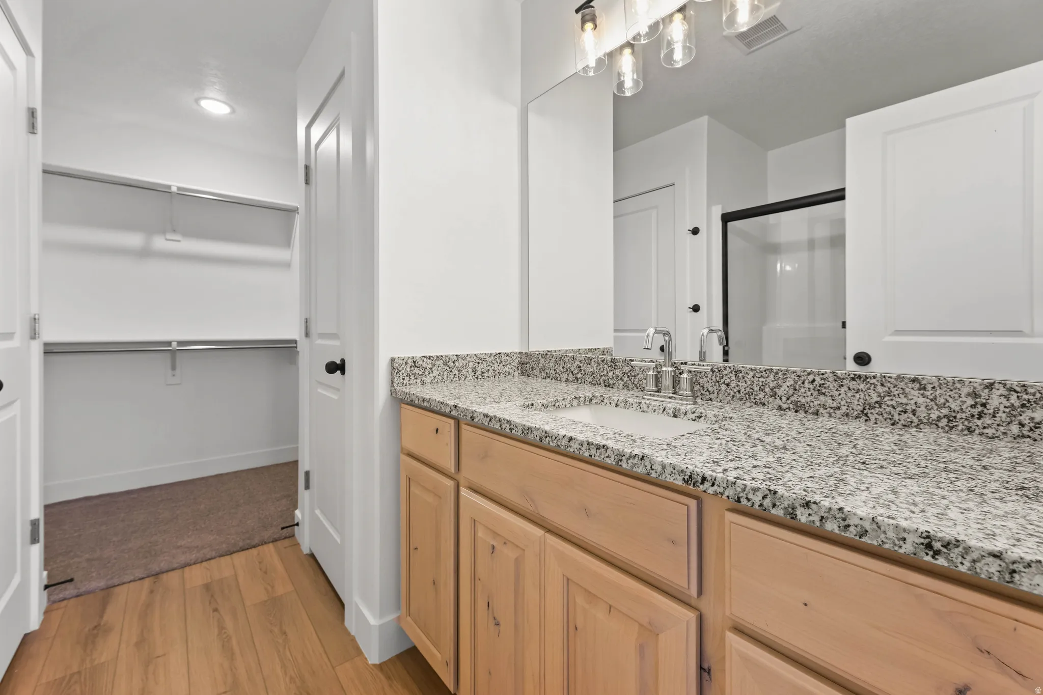 Wood-finish flooring, light wood cabinetry, granite-style countertop with an undermount sink, and a walk-in closet with built-in shelving