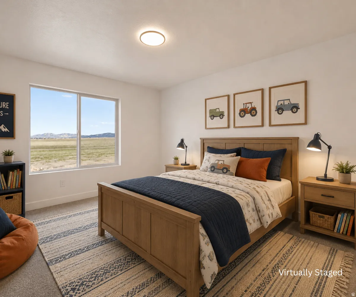Expansive window offering abundant natural light, light-toned walls, and plush carpet flooring
