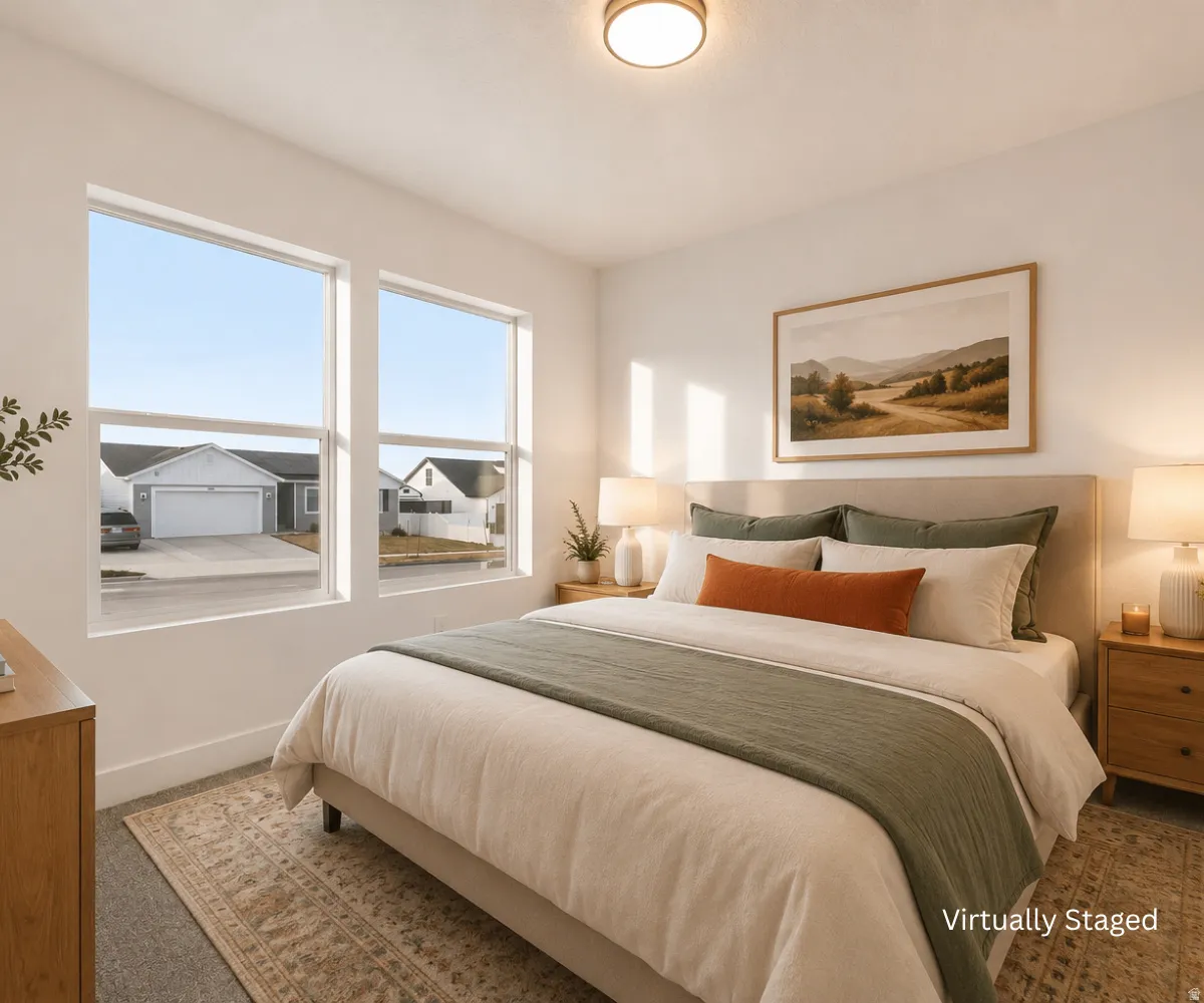 Recessed ceiling lighting, dual windows, plush carpet flooring, and a neutral wall palette