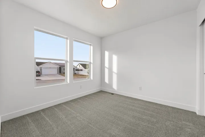Dual windows, gray carpeting, a flush mount ceiling light, and white walls