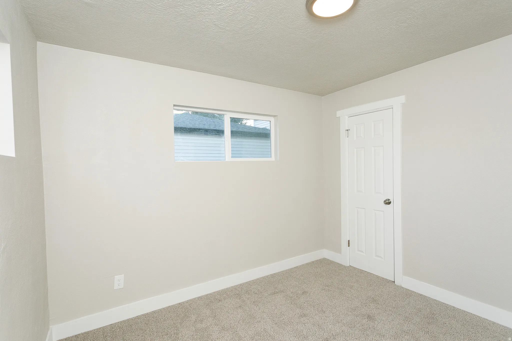 Neutral wall color, window with horizontal blinds, flush-mount ceiling light, paneled interior door, and carpeting