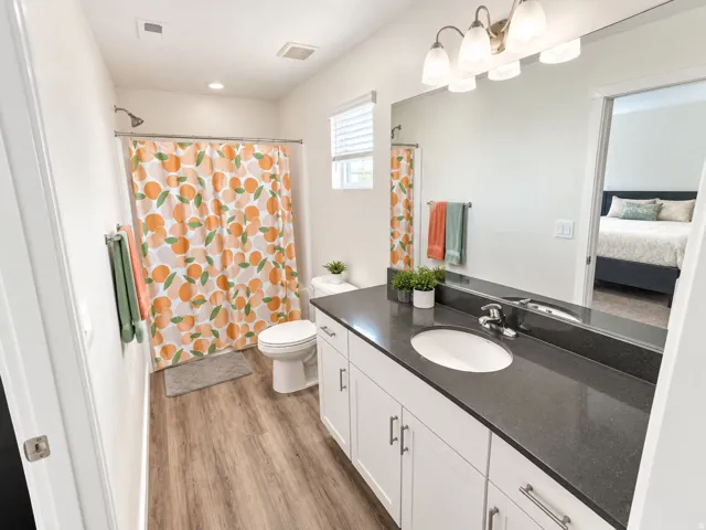 Bathroom with wood-finish flooring, a white vanity with a dark countertop, an undermount sink, and a shower with a chrome showerhead