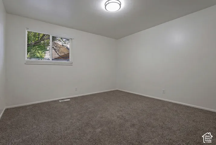 Neutral wall color, window with horizontal blinds, flush mount ceiling light, and carpet flooring
