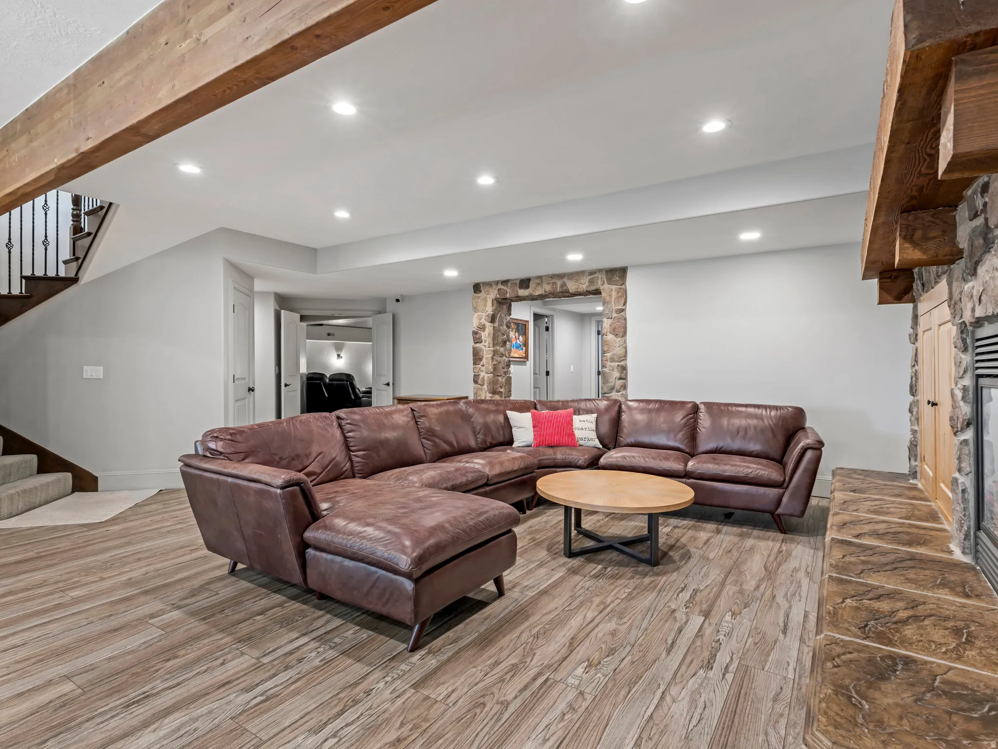 Recessed lighting  throughout family-rec room combined with above ground walk-out make it light and bright