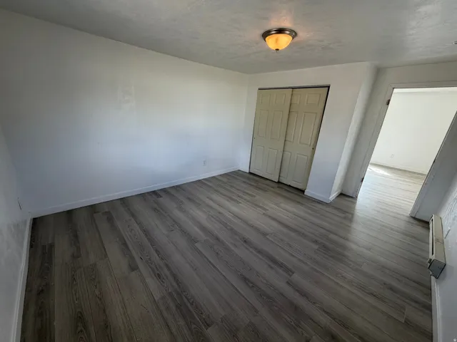 Wood-finish flooring throughout, with a flush-mount ceiling light fixture, bi-fold closet doors, and white painted walls