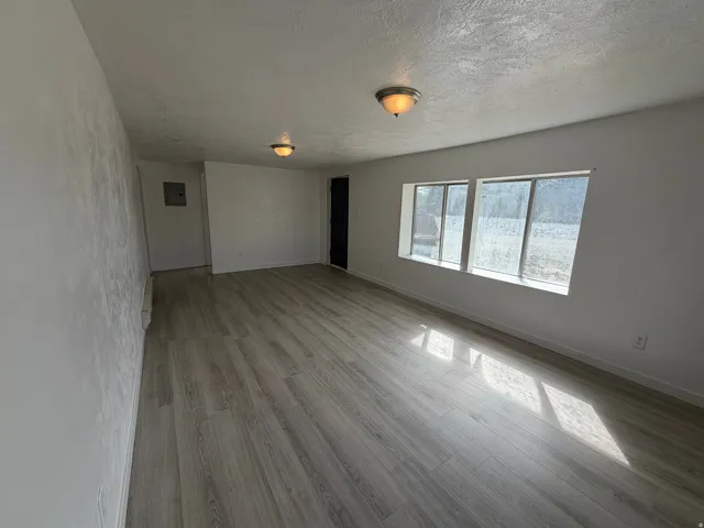 Spacious room featuring wood-finish flooring, white walls, and two ceiling-mounted light fixtures