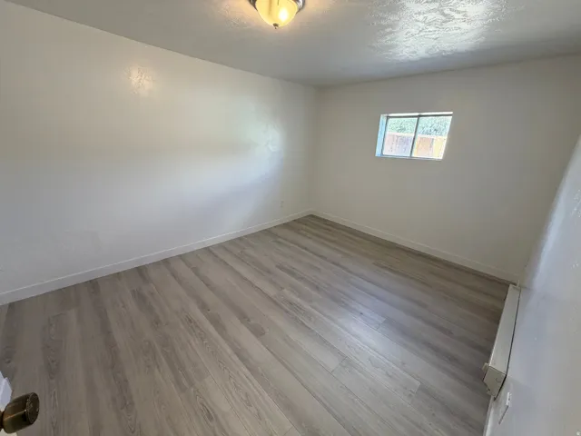 Light wood-finish flooring, white walls, and a single window provide a neutral palette