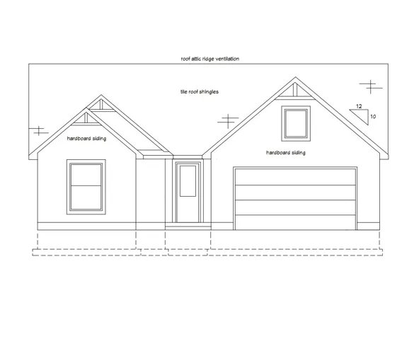 Architectural Drawing, Elevation View. Illustrating the exterior elements and materials of the property, including roofing and siding specifications
