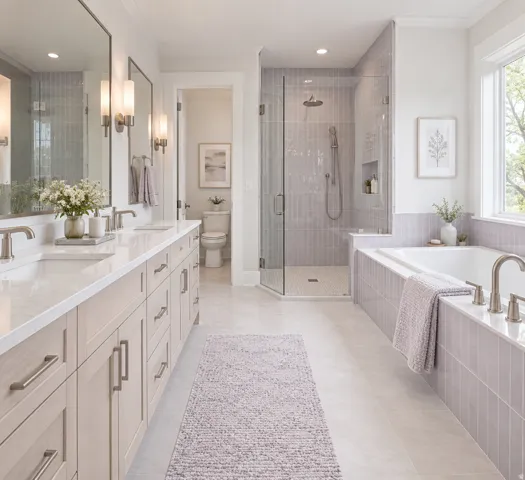 Dual vanity with undermount sinks and light-toned cabinetry