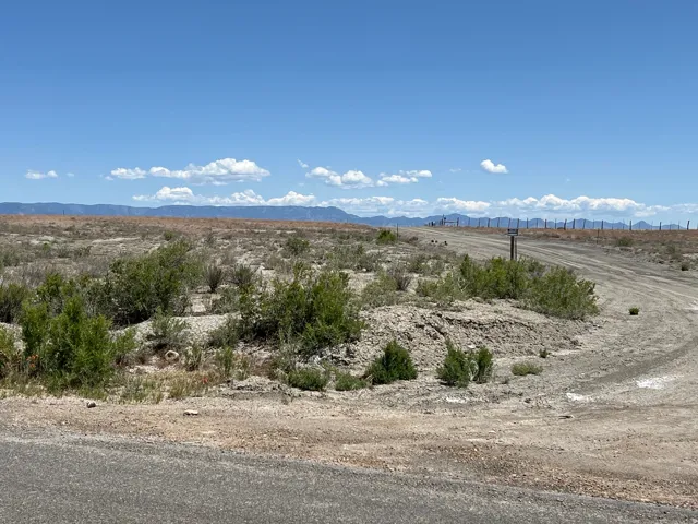 Expansive land featuring desert flora, a dirt road, and distant mountain ranges