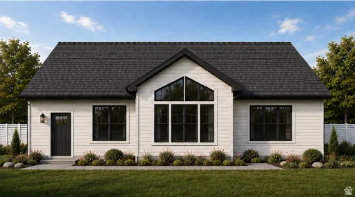 White horizontal siding with black trim windows