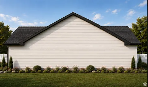 White horizontal siding with a dark shingle roof