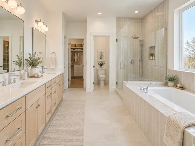 Dual vanity with light wood-finish cabinetry, frameless mirrors, and polished chrome fixtures